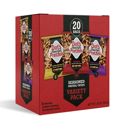 Dot's Pretzels Variety Pack, Original, Honey Mustard, and Cinnamon Sugar Pretzel Twists, Healthy Kids Snacks, 1oz Grocery Sized Bags (20 Count)