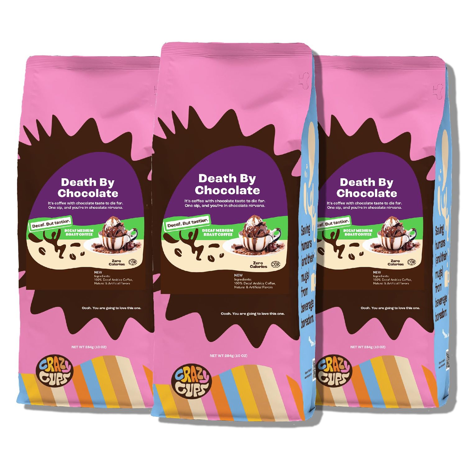 Crazy Cups Flavored Ground Decaf Chocolate Coffee, Decaffeinated Death By Chocolate Coffee in 10 oz Bag, For Brewing Flavored Hot or Iced Coffee, 3 Pack