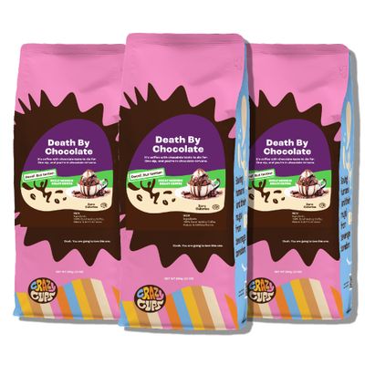 Crazy Cups Flavored Ground Decaf Chocolate Coffee, Decaffeinated Death By Chocolate Coffee in 10 oz Bag, For Brewing Flavored Hot or Iced Coffee, 3 Pack