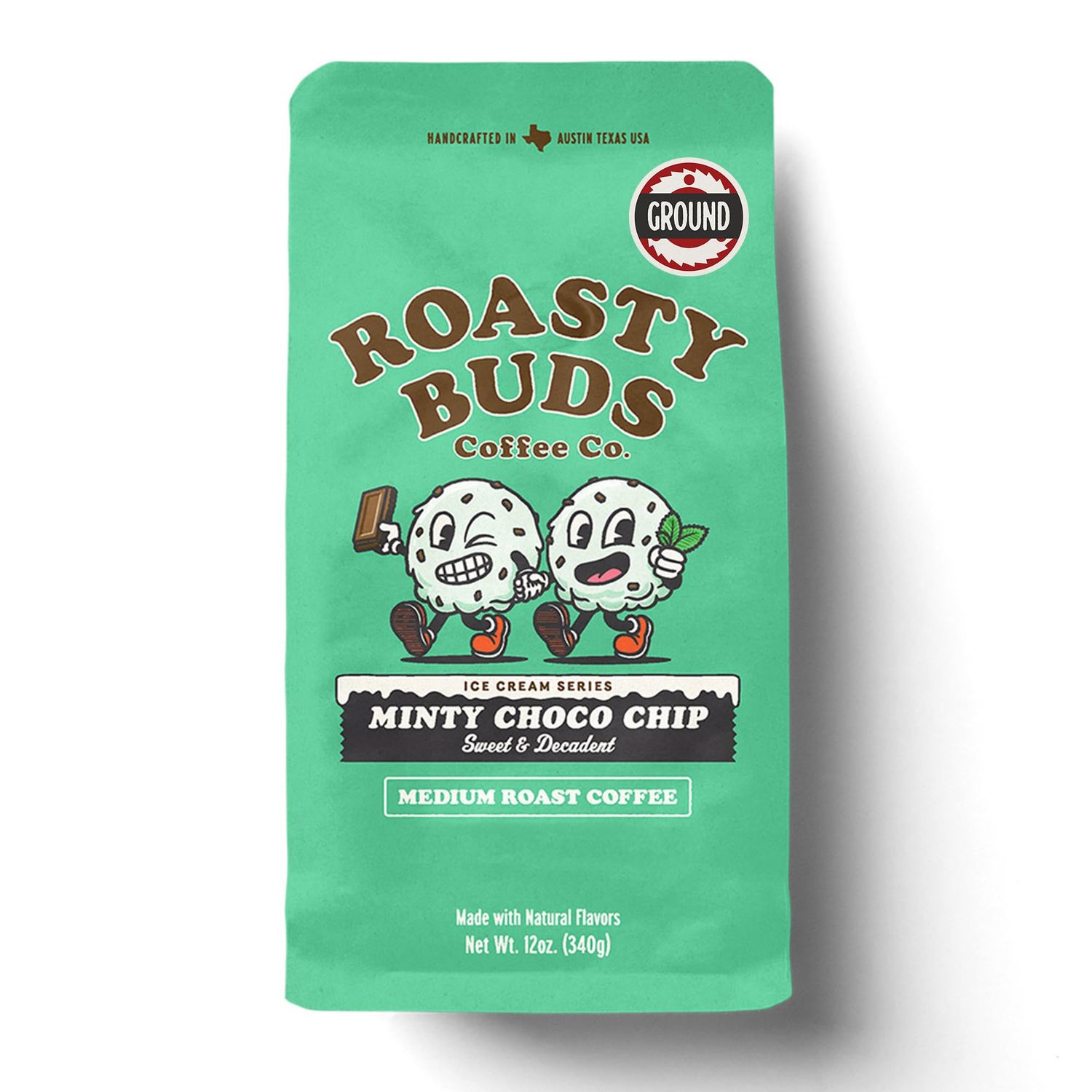 Roasty Buds Minty Choco Chip Ground Coffee | Medium Roast, Natural Mint &amp; Chocolate Flavors (12 oz) | Gluten-Free, Non-GMO (12 Ounce, Minty Choco Chip Ground)