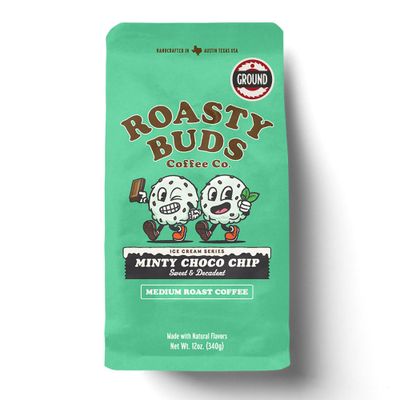 Roasty Buds Minty Choco Chip Ground Coffee | Medium Roast, Natural Mint &amp; Chocolate Flavors (12 oz) | Gluten-Free, Non-GMO (12 Ounce, Minty Choco Chip Ground)