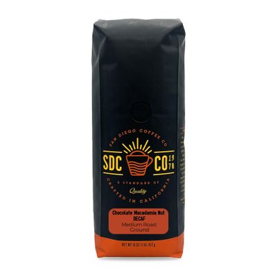 San Diego Coffee Chocolate Macadamia Nut DECAF, Medium Roast, Ground Coffee, 16-Ounce Bag Caf descafeinado molido tostado