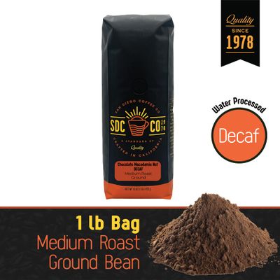 San Diego Coffee Chocolate Macadamia Nut DECAF, Medium Roast, Ground Coffee, 16-Ounce Bag Caf descafeinado molido tostado