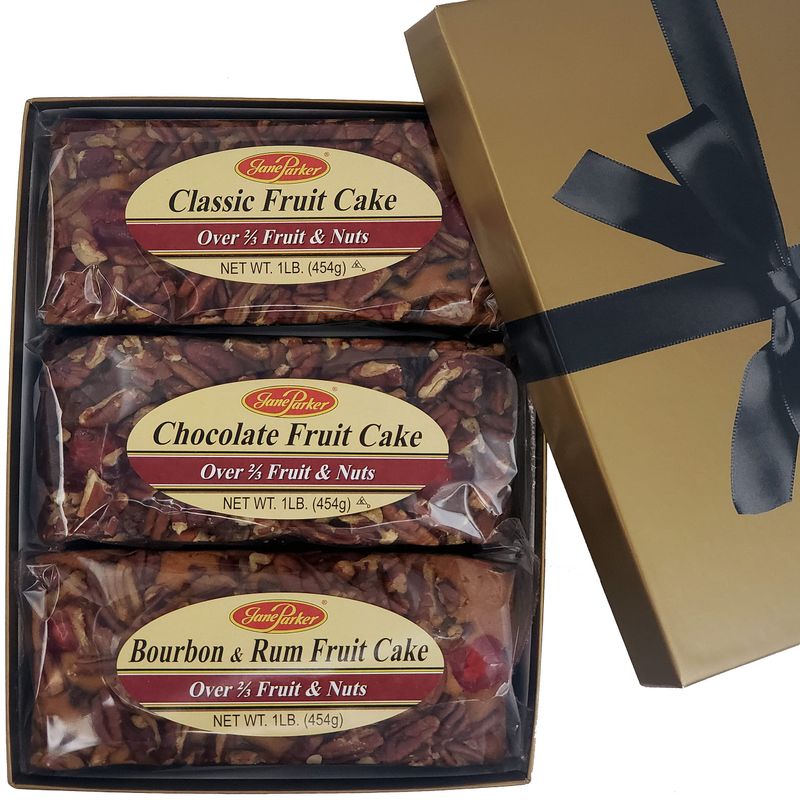Jane Parker Fruitcake Triple Delight Fruit Cake Assortment, 3 Pound Gift Box, Classic, Chocolate, Bourbon &amp; Rum (Packaging may vary) Box-Holiday Cake-Christmas Cake-The Best Fruitcake You Can Buy