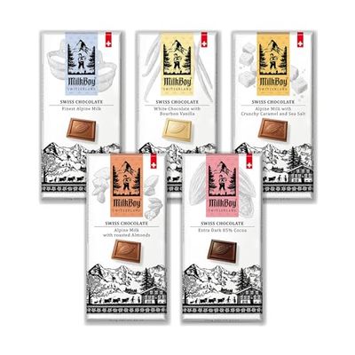 Milkboy Swiss Gourmet Milk Chocolate Bars - Dark Chocolates - White Chocolate Bar - Premium Handmade Chocolate Variety - Kosher - GMO Free - Chocolates Candy - (Pack of 5)