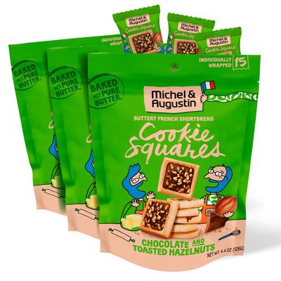 Michel et Augustin Chocolate Cookie Squares Snack Bag, Christmas Gifts, Milk Chocolate &amp; Hazelnut Cookies, 3-Pack Chocolate Gift Box, 15 French Shortbread Cookies per Bag, Stocking Stuffers for Adults
