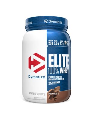 Dymatize Elite 100% Whey Protein Powder, 25g Protein, 5.5g BCAAs &amp; 2.7g L-Leucine, Quick Absorbing &amp; Fast Digesting for Optimal Muscle Recovery, Rich Chocolate, 2 Pound, 25 Servings