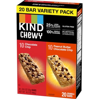 KIND Chewy Granola Bars, Chocolate Chip and Peanut Butter Chocolate Chip, Variety Pack, 100% Whole Grains, Gluten Free Bars, 0.81 oz (20 Count)
