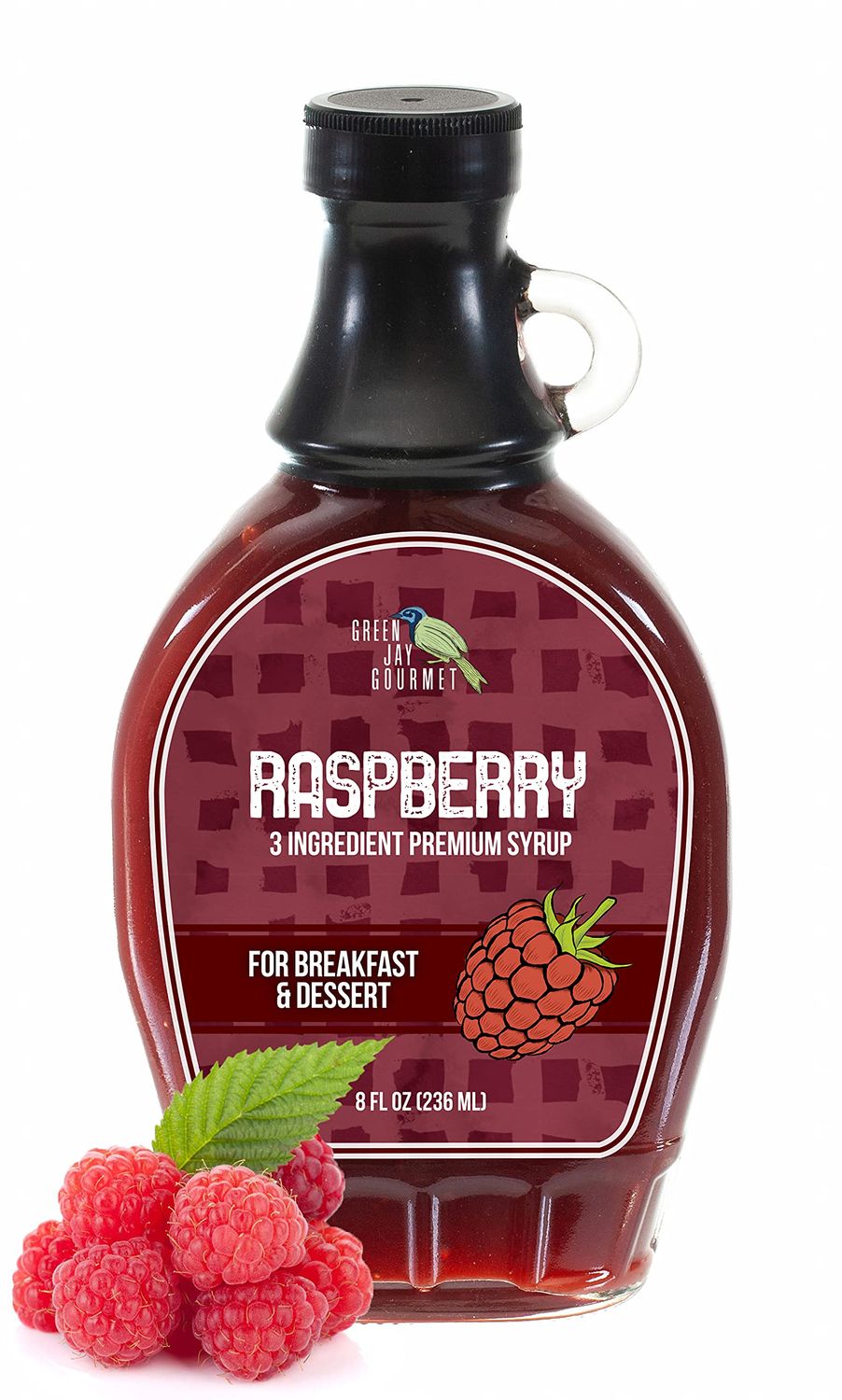 Green Jay Gourmet Raspberry Syrup - 3 Ingredient Premium Breakfast Syrup with Fresh Raspberries, Cane Sugar &amp; Lemon Juice - All-Natural, Non-GMO Pancake Syrup, Waffle Syrup &amp; Dessert Syrup - 8 Ounces
