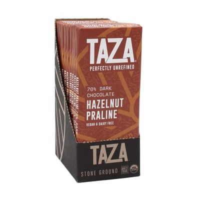 Taza Chocolate Organic Amaze Bar 70% Dark Stone Ground, Hazelnut Praline, 2.5 Ounce (10 Count), Vegan