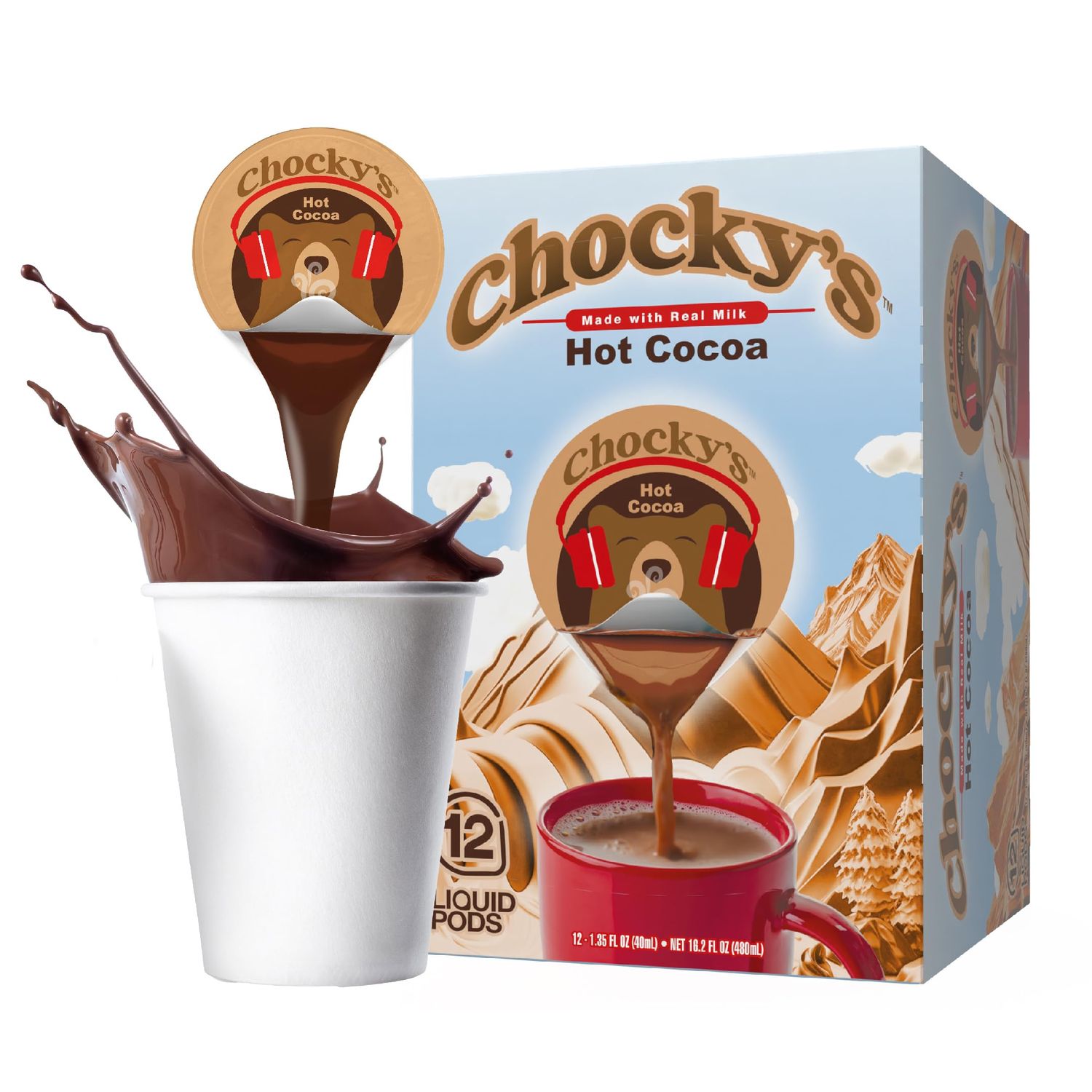 Chocky&#39;s Hot Chocolate Concentrate Single Serve Liquid Pods by Java House, Peel and Pour, Hot Chocolate, 12 Count