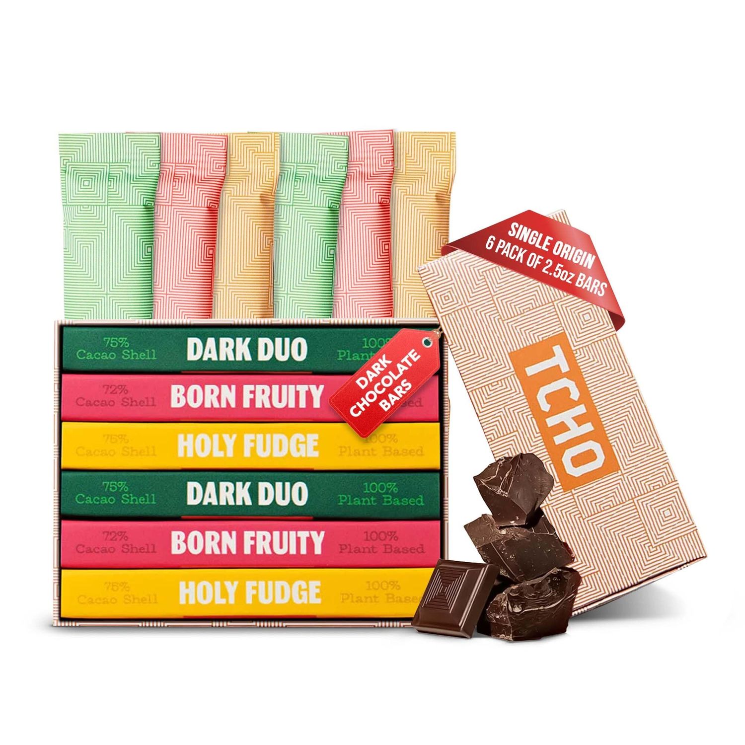 TCHO Chocolate Gift Box - Single Origin, Vegan, Oat Milk Chocolate Bars - 6 Pack of 2.5oz Bars - 100% Plant Based, Zero Dairy - Better Chocolate, Better You