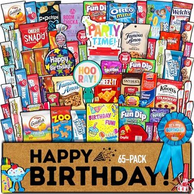 Birthday Care Package (65 Count) Snacks Cookies Chocolate Bar Chips Candy Party Variety Gift Box Pack Assortment Basket Bundle Mix Treat College Students Kids Teens