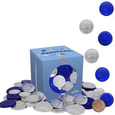 The Dreidel Company Hanukkah Chocolate Coins, Belgian Blue and Silver Milk Chocolate Coin, Nut-Free, Kosher Gelt in Hanukkah Box (Half-Pound)