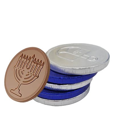 The Dreidel Company Hanukkah Chocolate Coins, Belgian Blue and Silver Milk Chocolate Coin, Nut-Free, Kosher Gelt in Hanukkah Box (Half-Pound)