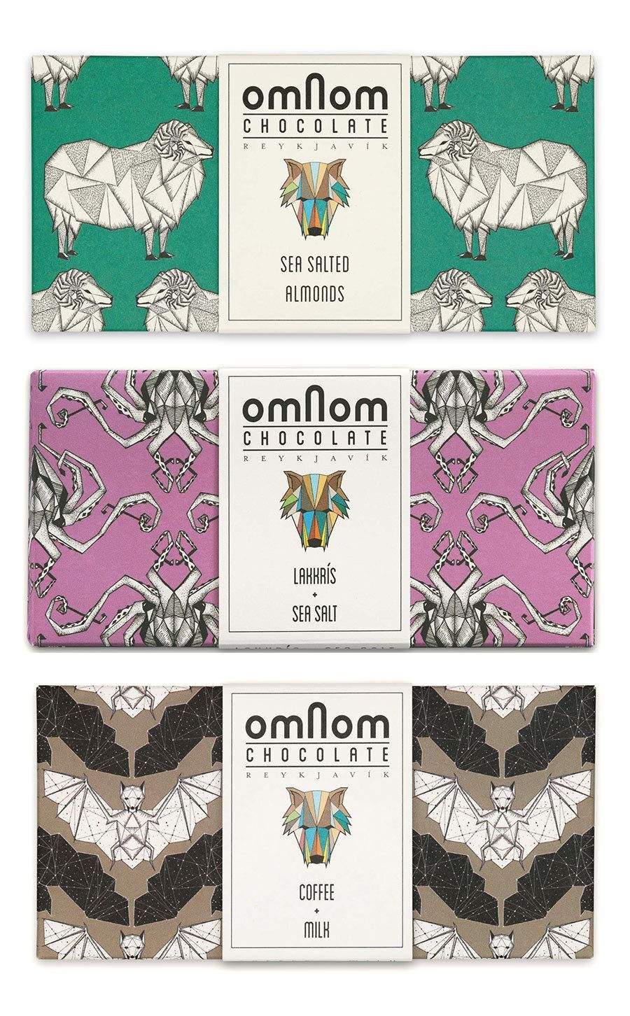 OmNom Chocolate Bars Inclusion Trio | Sea Salted Almond, Lakkkris + Sea Salt, Coffee + Milk | Icelandic Bean To Bar Chocolate by OMNOM CHOCOLATE REYKJAVIK | 3 x 60g Bar