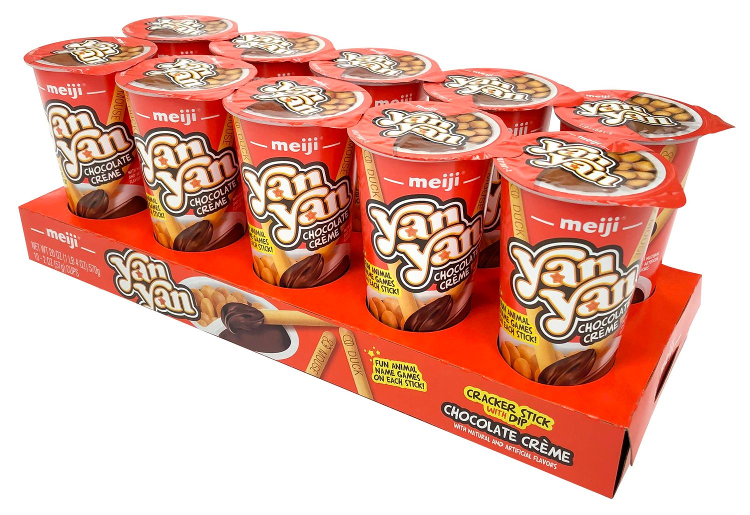 MEIJI Yan Yan Dipping Sticks, Chocolate Crme - 2 oz, Pack of 10 - Cracker Sticks with Fun Animals Phrases