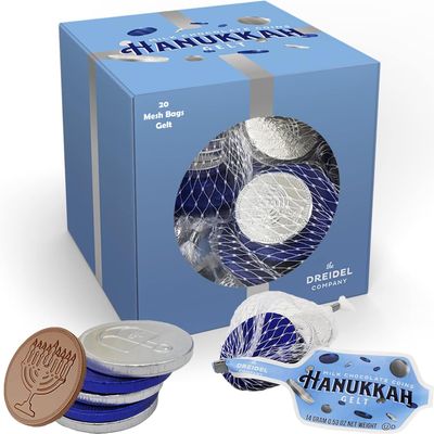 Original Hanukkah Chocolate Gelt Blue &amp; Silver Coins in Mesh Bags, Made with Premium Belgian Milk Chocolate, Gluten Free, Non-GMO, Kosher Certified Dairy (20 Mesh Bags)