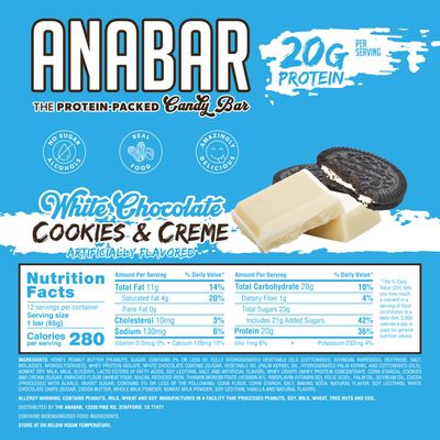Anabar Protein Bar, The Protein-Packed Candy Bar, Amazing Tasting Protein Bar, Real Food, 20g of Protein (12 Bars, White Chocolate Cookies & Creme)