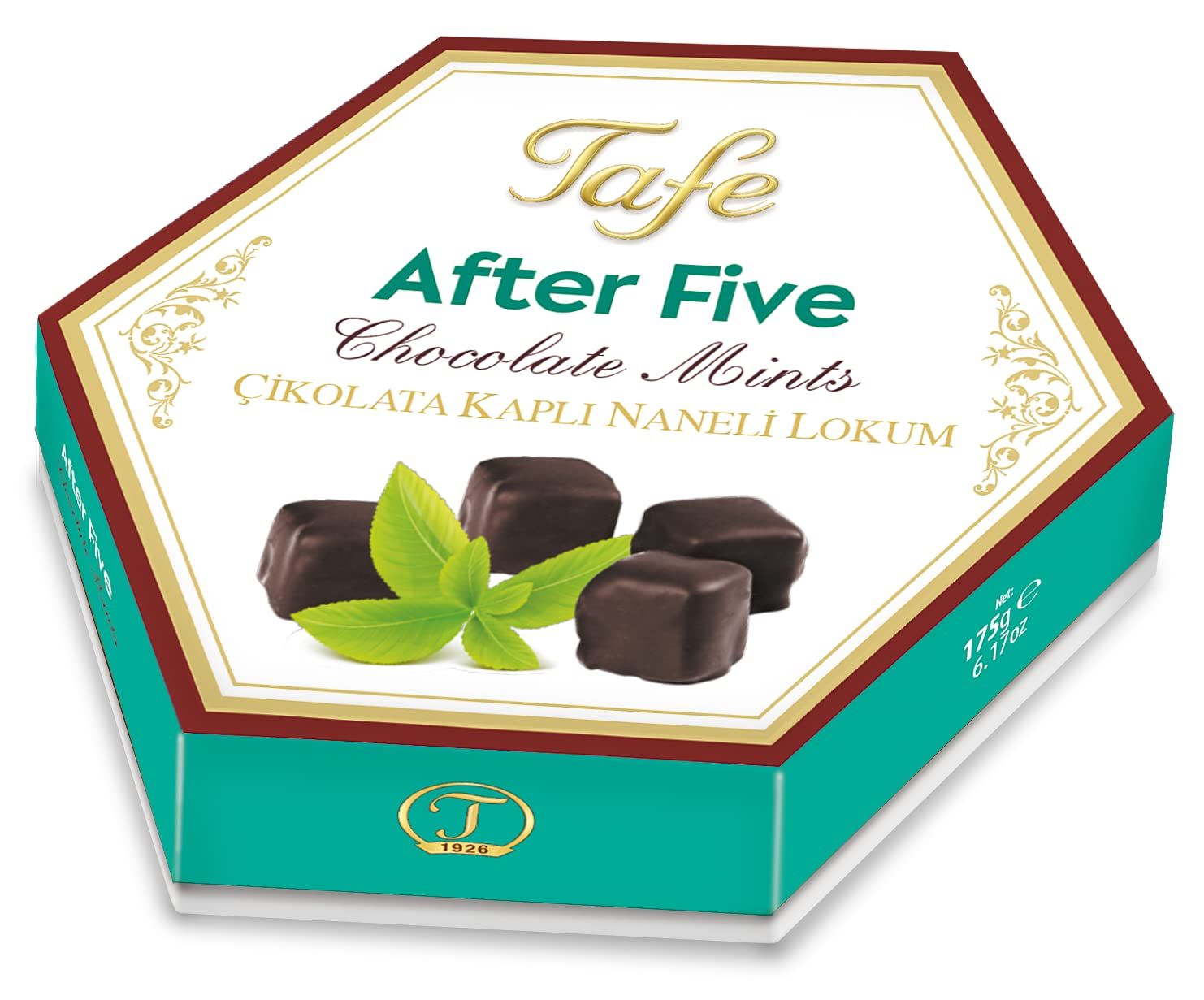 TAFE Chocolate Coated Mint Turkish Delight Hexagon Box AFTER FIVE 175 gr 6.17 oz | Sweet Luxury Traditional Confectionery Vegan Halal FSSCS Soft Candy Dessert Lokum (Mints)