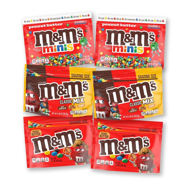 M&amp;M'S Peanut Butter Chocolate Candy Bundle, Contains Peanut Butter M&amp;M'S, Peanut Butter M&amp;M'S Minis &amp; Classic Mix M&amp;M'S Sharing Size Packs, 6-Pack