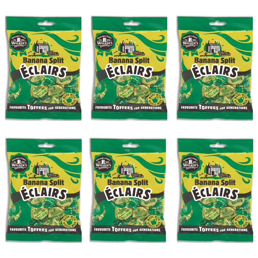 Walkers&#39; Nonsuch Banana Split Eclairs | with Condensed Milk &amp; White Chocolate | Flavored Taffy Chewy | Imported from the UK | English Caramel Toffee | 5.29 Oz (Pack of 6)