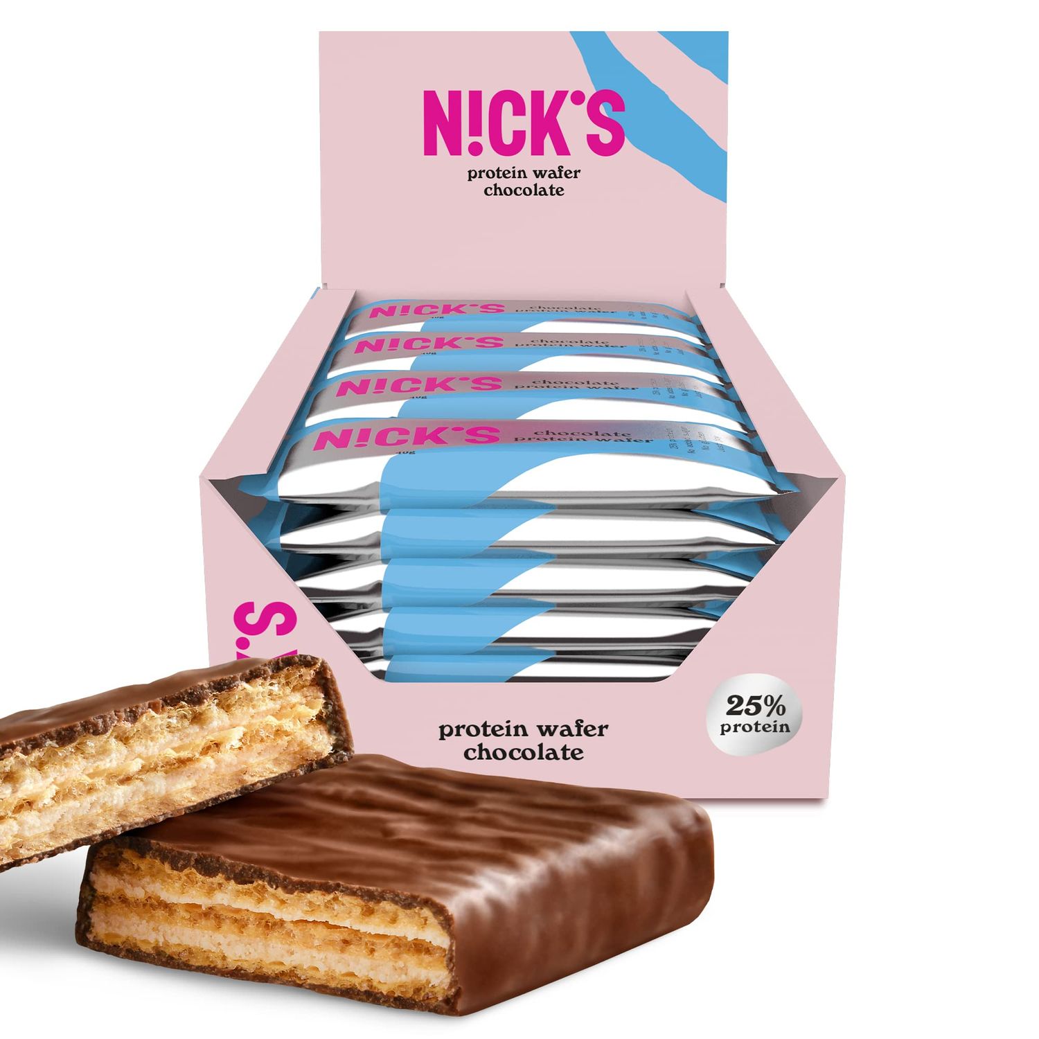 NICKS Protein Wafer Bar | 25% Protein (10g) 198 Calories | Low Carb Chocolate Cookie Bar Snack with No Added Sugar, Gluten Free, Chocolate (24 bars x 40g)