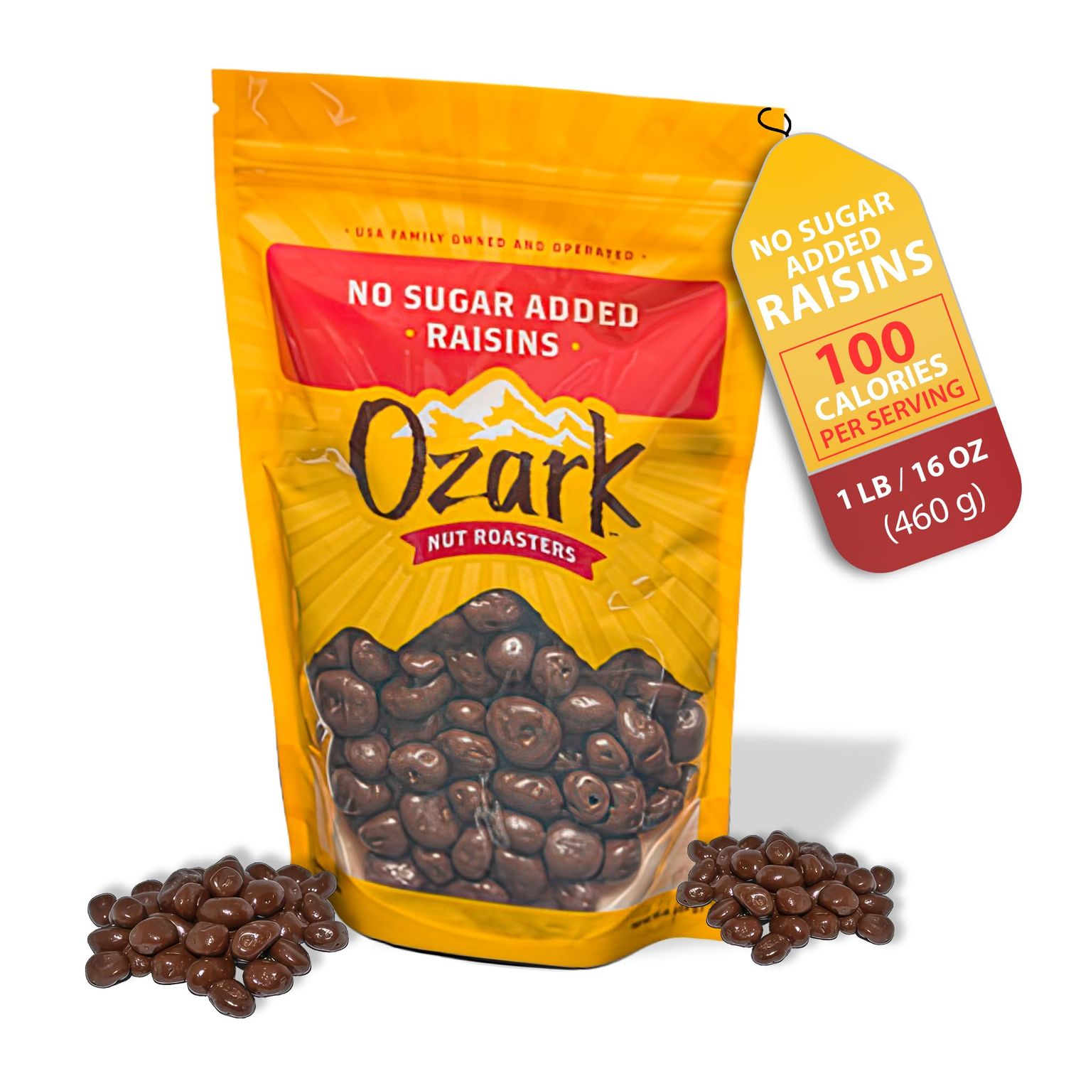 OZARK NUT ROASTERS, No Sugar Added Chocolate Raisins, Sugar-Free Raisins Snack Nuts, World-Class Gourmet Candied Peanuts, Resealable Pack (16.0 oz)