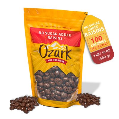 OZARK NUT ROASTERS, No Sugar Added Chocolate Raisins, Sugar-Free Raisins Snack Nuts, World-Class Gourmet Candied Peanuts, Resealable Pack (16.0 oz)