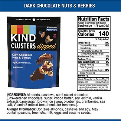KIND Snack Clusters Dipped, Dark Chocolate Nuts &amp; Berries, Gluten Free, 4g Protein, 4 Ounce , 8Count