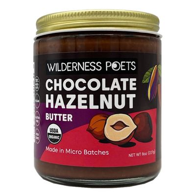 Wilderness Poets, Organic Chocolate Hazelnut Butter - (8 Ounce) - No Palm Oil - 100% Organic, Simple Ingredients - 70% Hazelnuts, 30% Dark Chocolate Sweetened with Organic Coconut Sugar - Glass Jar