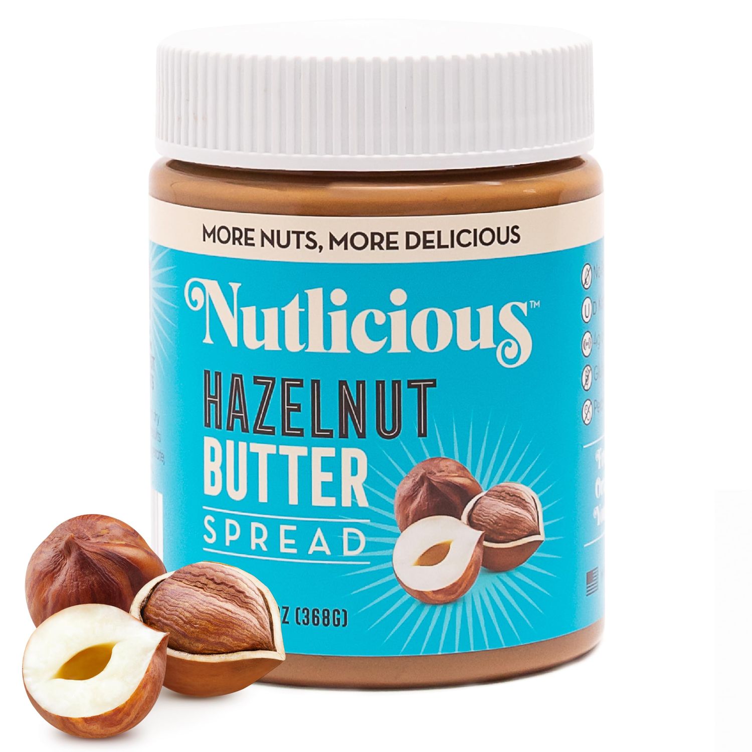 Hazelnut Butter Spread (13 oz), Nutlicious, Spreadable Roasted Hazelnuts with Silky-Smooth Texture, Made in the USA, No Palm Oil, 4g of Protein.