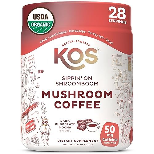 KOS Mushroom Coffee - USDA Certified Organic - Dark Chocolate Mocha Flavor - Mushroom Coffee Latte Powder with Reishi, Cordyceps, Lion&#39;s Mane, Chaga &amp; Turkey Tail Mushrooms