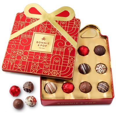 Christmas Chocolate Gift Basket, Candy Food Bow Tin Box, Holiday Present Idea, Stocking Stuffer- 12 Gourmet Truffles- Red- Bonnie &amp; Pop