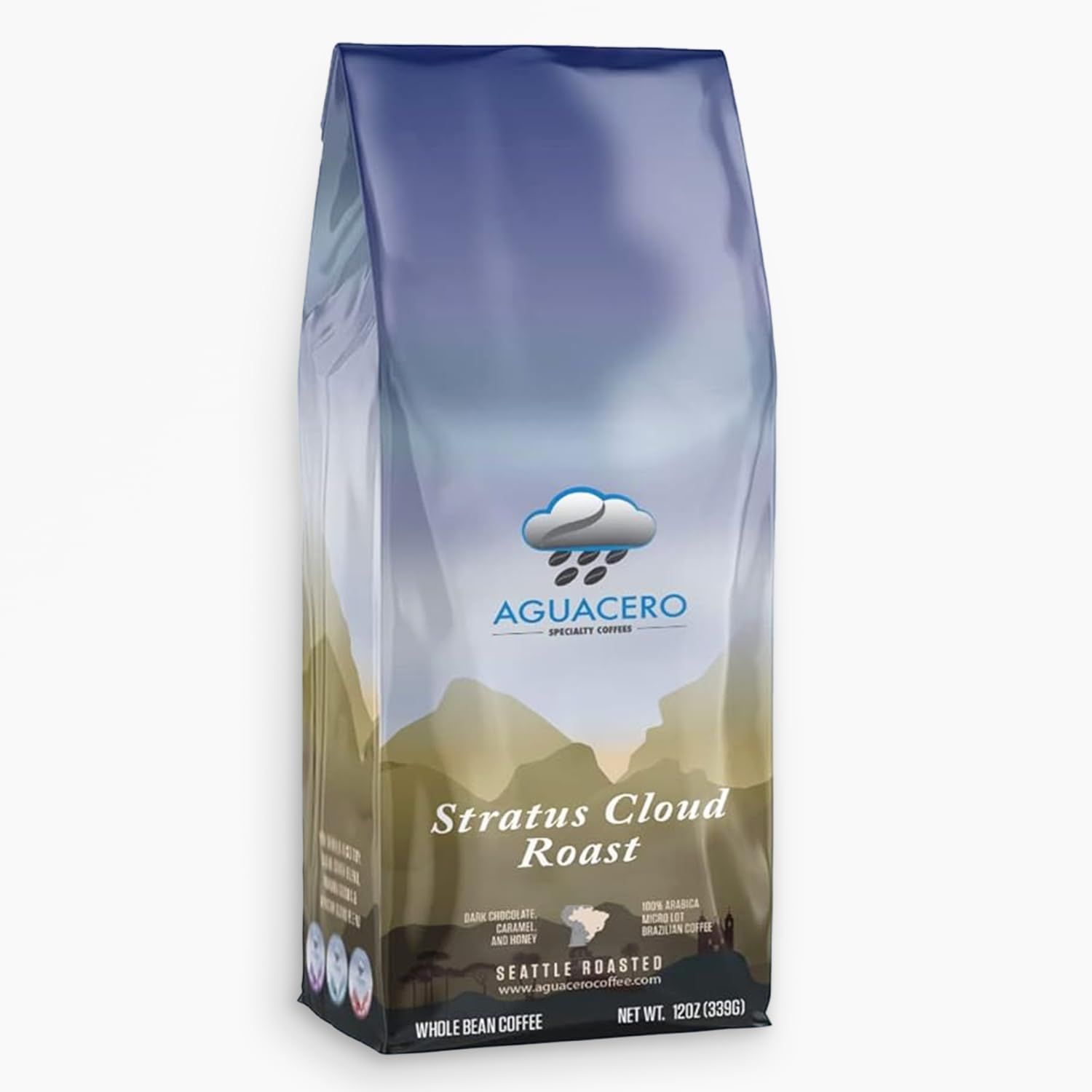 Aguacero Stratus Cloud Roast | Whole Arabica Bean Brazilian Coffee | 12 oz Bag | Medium Roast Coffee | Dark Chocolate, Honey, Caramel and Butterscotch Notes