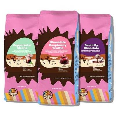 Crazy Cups Chocolate Lovers Ground Coffee Variety Pack 3 Pack, Chocolate Flavored Ground Coffees, Includes Death By Chocolate, Peppermint Chocolate Mocha, Chocolate Raspberry, 10 oz bags,Pack of 3