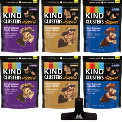 Kind Clusters Dipped Variety Pack - 4 oz Bags (Pack of 6) - Dark Chocolate Almond Butter, Vanilla Cashew, Nuts &amp; Berries - With Mighty Merchandise Bag Clip