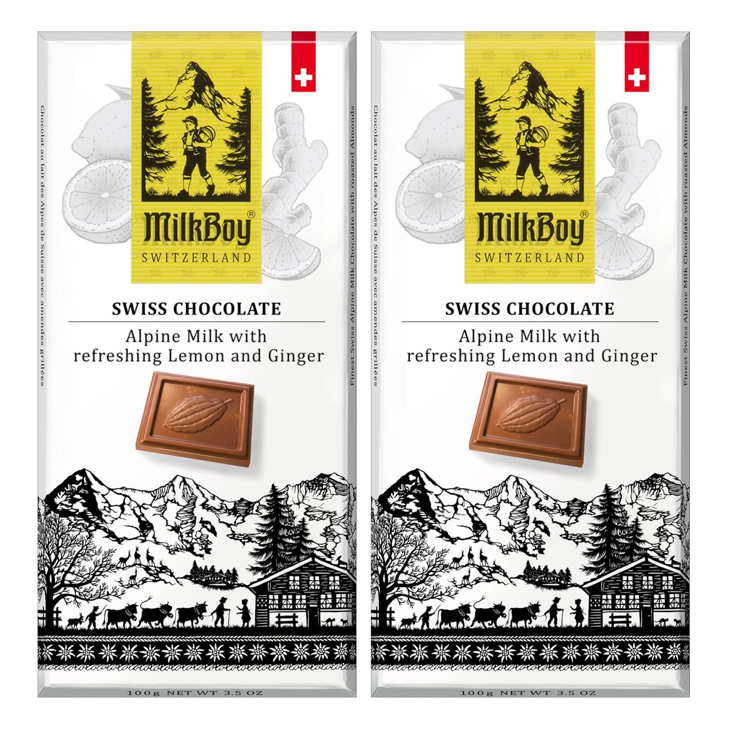 MilkBoy Swiss Chocolates - Alpine Milk Chocolate Bars with Refreshing Lemon and Ginger - 3.5 Ounce, 2 Pack