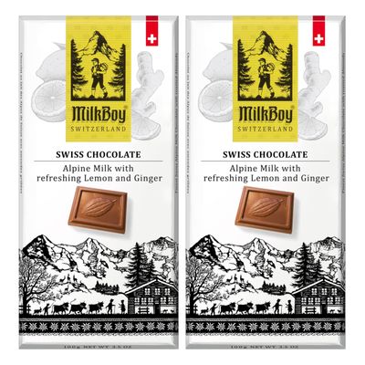 MilkBoy Swiss Chocolates - Alpine Milk Chocolate Bars with Refreshing Lemon and Ginger - 3.5 Ounce, 2 Pack
