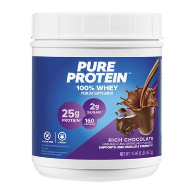 Pure Protein Powder, Whey, High Protein, Low Sugar, Gluten Free, Rich Chocolate, 1 lb