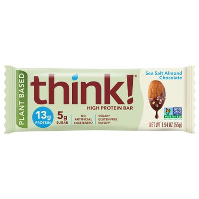think!, Vegan/Plant Based High Protein Bars - Sea Salt Almond Chocolate, 13g Protein, 5g Sugar, No Artificial Sweeteners, Gluten Free, Non GMO Project Verified, 1.94oz bar