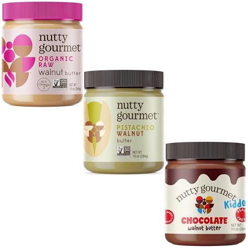 Nutty Gourmet Walnut Butter Variety Pack - Pistachio Nut Butter, Organic Raw &amp; Chocolate Spread, All Natural, Non-GMO, Vegan, Peanut Free, Gluten Free, Keto Snack (10oz, 3 Pack)
