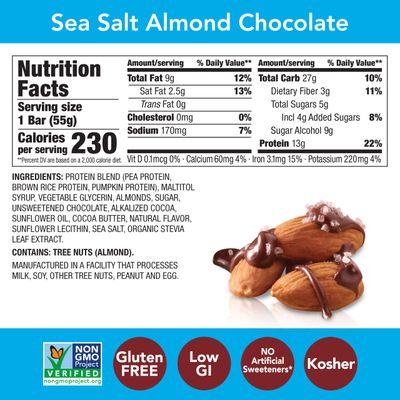 think!, Vegan/Plant Based High Protein Bars - Sea Salt Almond Chocolate, 13g Protein, 5g Sugar, No Artificial Sweeteners, Gluten Free, Non GMO Project Verified, 1.94oz bar