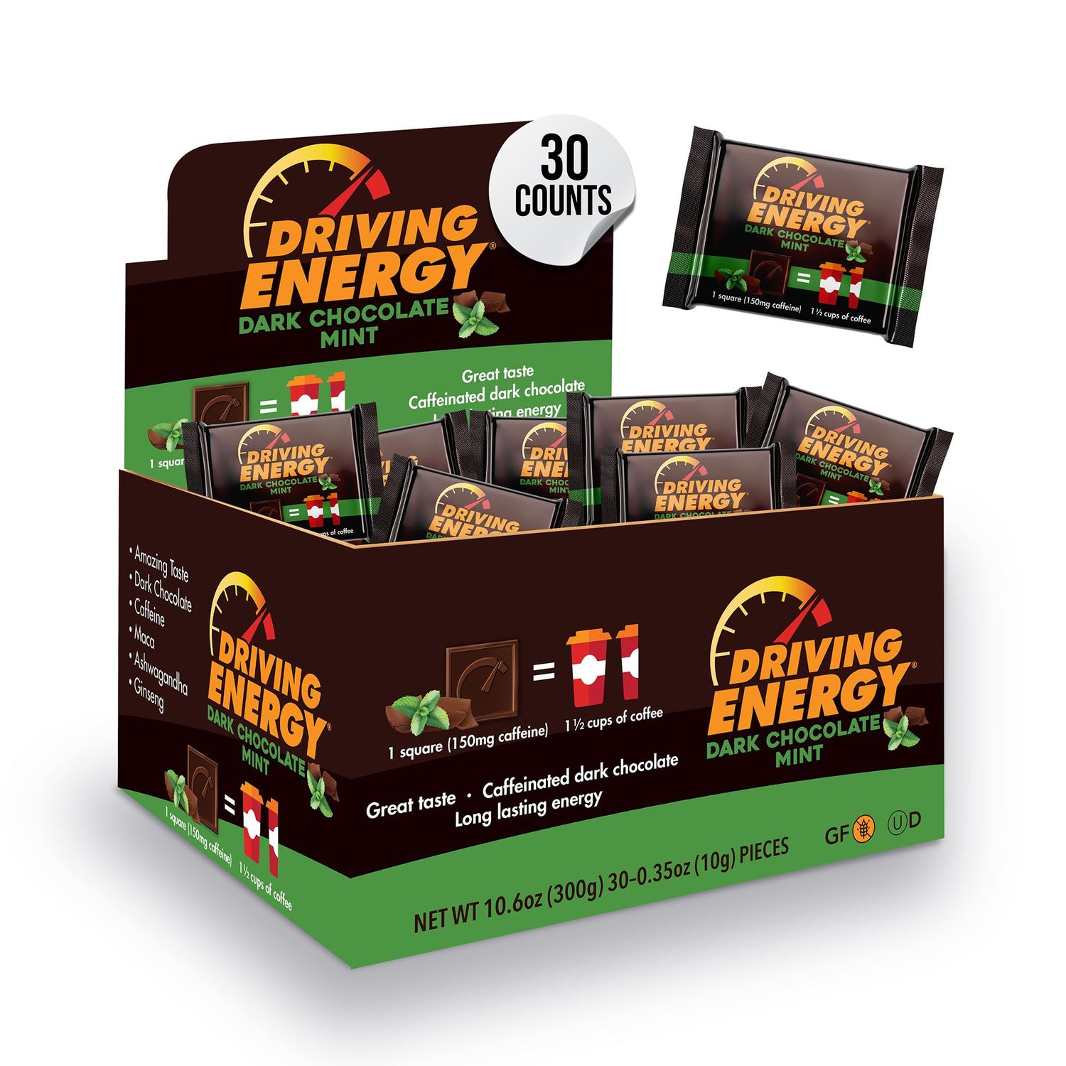 ZenEvo - Driving Energy Mint Dark Chocolate with Caffeine Caffeinated Boost Perfect for Helping Stay Awake While and Working, No Crash 30 Count (One Month Supply)