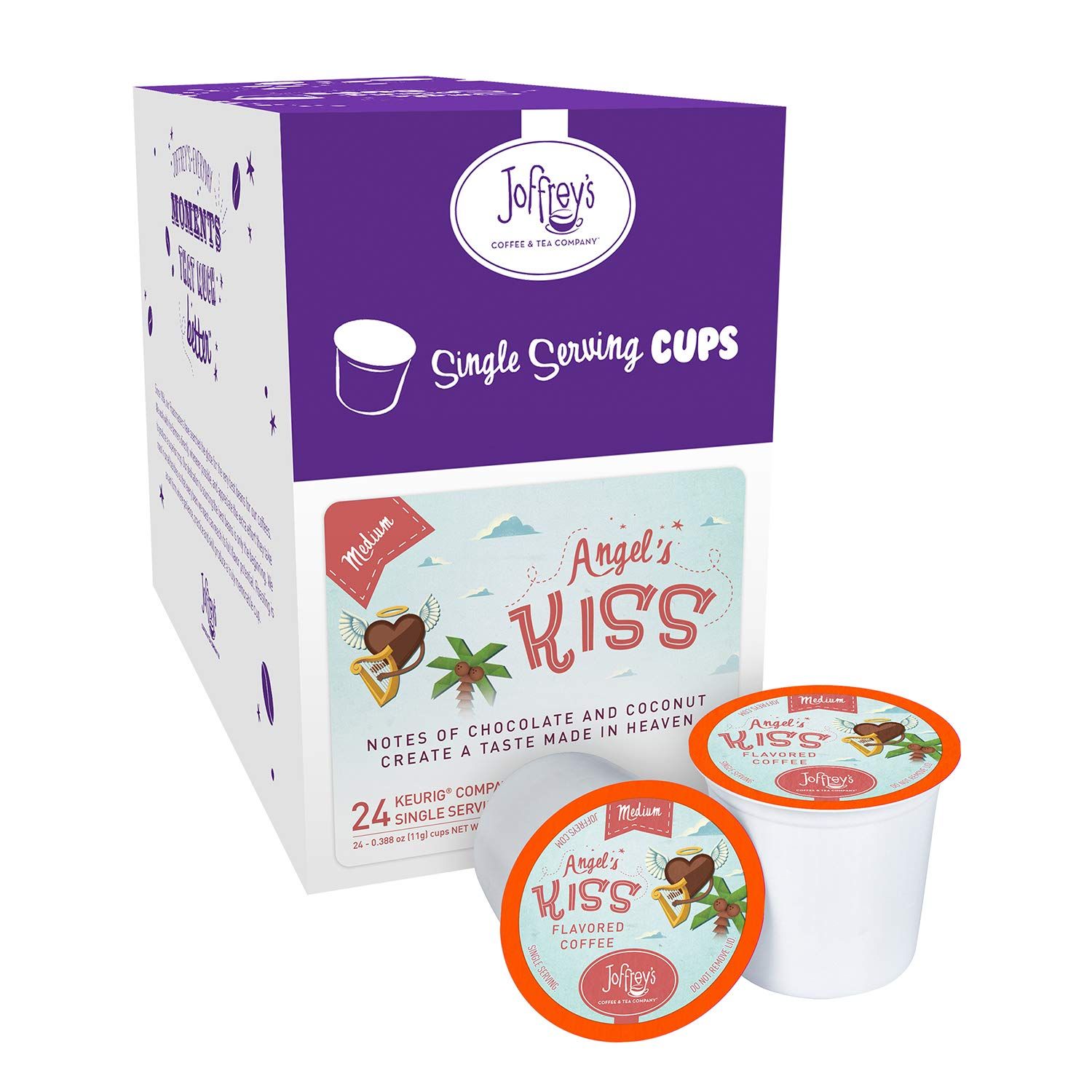 Joffrey&#39;s Coffee - Angel&#39;s Kiss, Flavored Coffee, Artisan Medium Roast, Arabica Coffee Beans, Chocolate &amp; Coconut Cream Flavor, K-Cup 2.0 Compatible (Single Serve Cup, 24 Count)