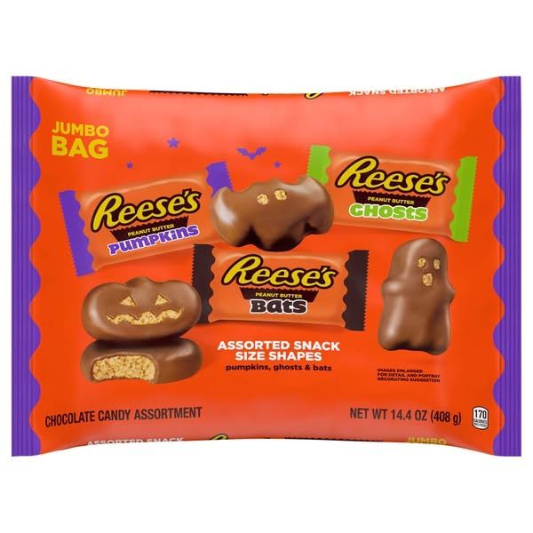 Reese&#39;s, Pumpkins Ghosts &amp; Bats Assorted Snack Size Shapes Jumbo Bag,14.4 Ounce