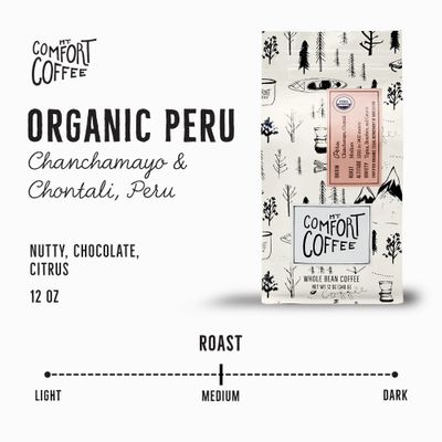 Mt. Comfort Coffee Organic Peru Medium Roast, 12 Ounce - Flavor Notes of Nutty, Chocolate, & Citrus - Sourced From Small, Peruvian Coffee Farms - Roasted Whole Beans