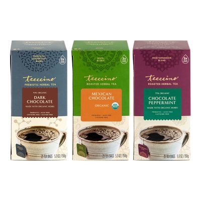 Teeccino Chocolate Lovers Tea Variety Pack - Dark Chocolate, Mexican Chocolate, Chocolate Peppermint - Roasted Herbal Tea Thats Caffeine Free &amp; Prebiotic for Natural Energy, 25 Tea Bags (Pack of 3)