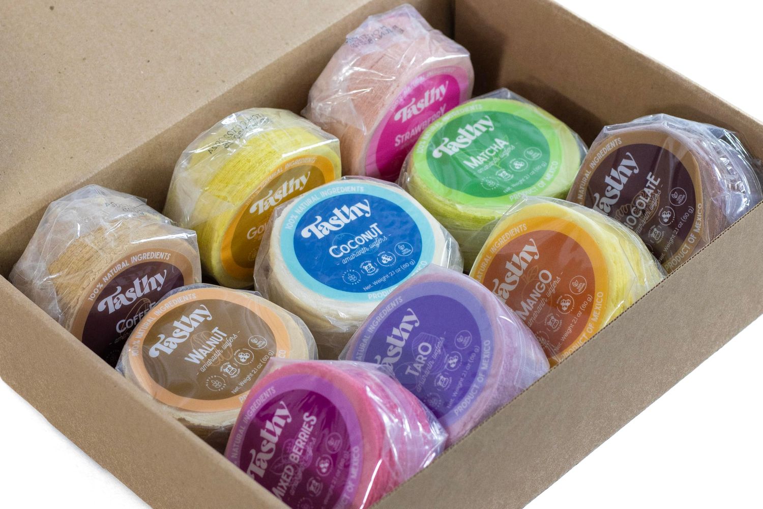 TASTHY Amaranth Wafers/Obleas 10 Pack Flavor Variety: MATCHA, COCONUT, STRAWBERRY, COFFEE, GOLDEN MILK, MIXED BERRIES, WALNUT, TARO, MANGO AND CHOCOLATE