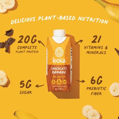 Koia - Plant Based Protein Shake - Chocolate Banana - 20g Protein, 5g Sugar, 6g Prebiotic Fiber, 21 Vitamins &amp; Minerals - Dairy Free, Soy Free, Non GMO - Meal Replacement Drinks - 11 fl oz, 12 Bottles